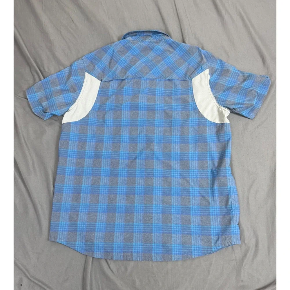 Stio Hagen Trail Shirt Mens‎ Medium Blue Plaid S/S Snap Button UPF 50 Vented